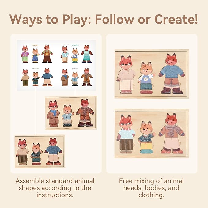 Wooden Puzzles for Toddlers Animal Dress-up Puzzle, Toddler Puzzles, Kids Learning Educational Montessori Toys for 3 4 5 Year Old, Gifts for Boys Girls(Family of 3)