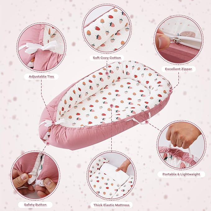 ALINUX Baby Lounger for Newborn 0-24 Months,100% Cotton Baby Lounger Cover, Suitable for Babies Aged 0-24 Months, Pink