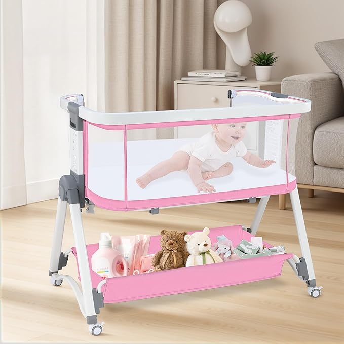 JMMD Baby Bassinet Bedside Sleeper, 3 in1 Baby Bassinet with 6 Levels Height Adjustable Side Sleeper Foldable and Portable Bedside Sleeper for Baby (Pink)