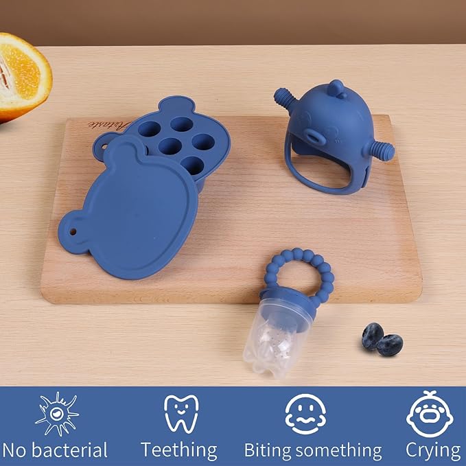 Baby Fruit Feeder Pacifier - 3 Pack | 1 Baby Food Feeder & 1 Baby Teether & 1 Baby Popsicle Molds | Breastmilk Popsicle molds | Teething Toys | Mesh Baby Feeder | Baby Feeding Set | Bebes (Steel Blue)