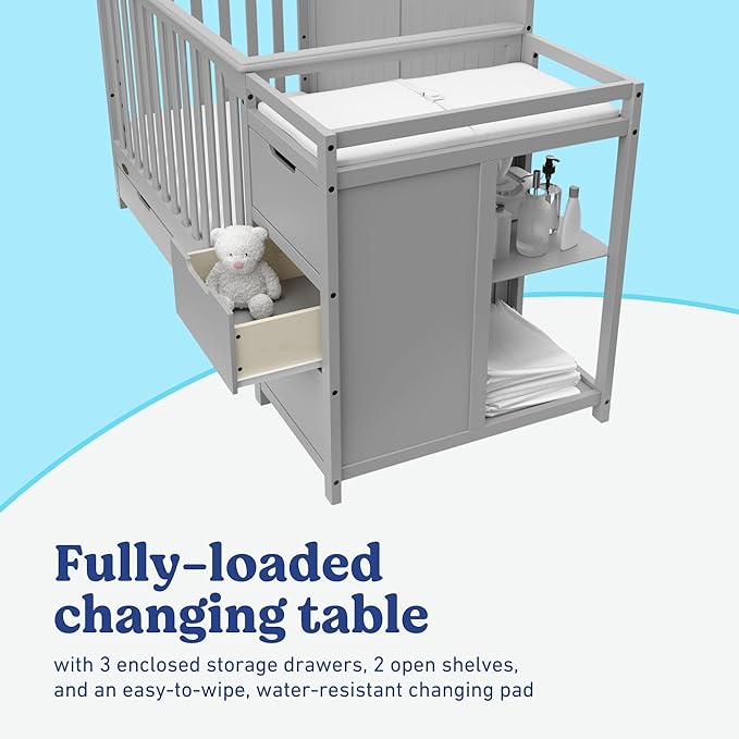Graco Hadley All-in-One Convertible Crib & Changer (Pebble Gray) – GREENGUARD Gold Certified, Fits Standard Crib Mattress, Converts to Toddler Bed and Full Bed, 4 Adjustable Mattress Heights