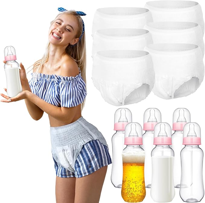 Hushee 6 Sets Funny Plastic Bottle Chug Baby Shower Games Diaper Baby Shower Game Gender Reveal Race Gifts Decoration for Adults Boys Girls (Pink)