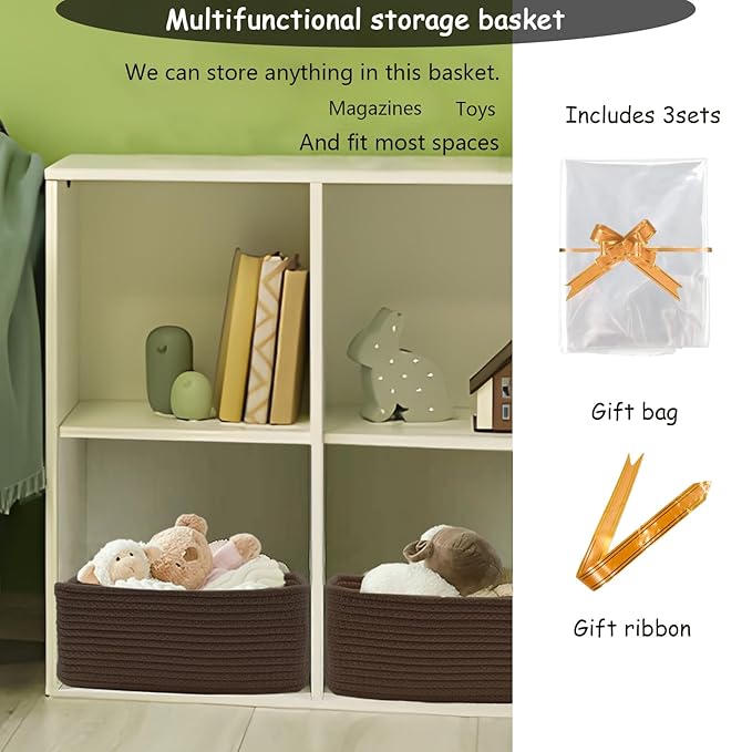 COMFY-HOMI 11.5"x7.5"x4.7" Storage Baskets for Organizing | Cotton Rope Woven Basket | Toy Storage Bin Box | Basket for Shelves, Closet Organizer Bin, Decorative Closet Shelf, 3 Pack, dark brown