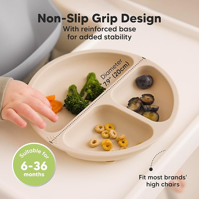 KeaBabies Suction Plates with Lids for Baby - 3-Pack 100% Silicone Toddler Plates with Suction, Divided, BPA-Free Baby Led Weaning Essentials for Kids, Dishwasher, Microwave Safe, Durable (Forest)