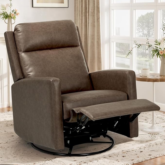 COLAMY Recliner Chair, PU Leather 360° Swivel Rocker Recliner, Nursery Glider Recliner with Ergonomic High Backrest and Upholstered Deep Seat for Living Room, Bedroom, Color Gray
