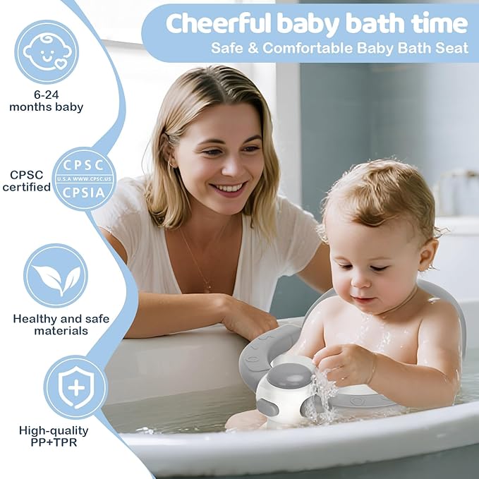 Baby Bath Seat for Babies 6 Months & up, 3 Baby Bath Toys, Non-Slip Baby Bath Seat, Safe & Comfortable Baby Bath Support, for Bathtub/Living Room/Shower Room, Grey