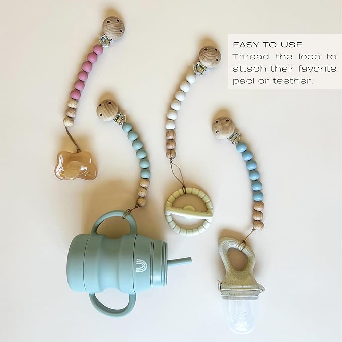Hippypotamus Pacifier Clips - One Piece All Silicone Holder for Baby’s Binky & Teething Toys - No String Or Loose Beads - Set of 4 (Sand/Rose/Sage/Stone)