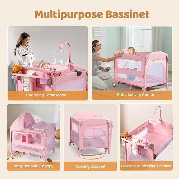 JOYMOR 9 in 1 Bedside Bassinet with Changing Table, Pack and Play with Bassinet, Convert to Rocking Baby Bed with Electric Music Center, Mosquito Net, Toy, Storage,Pink