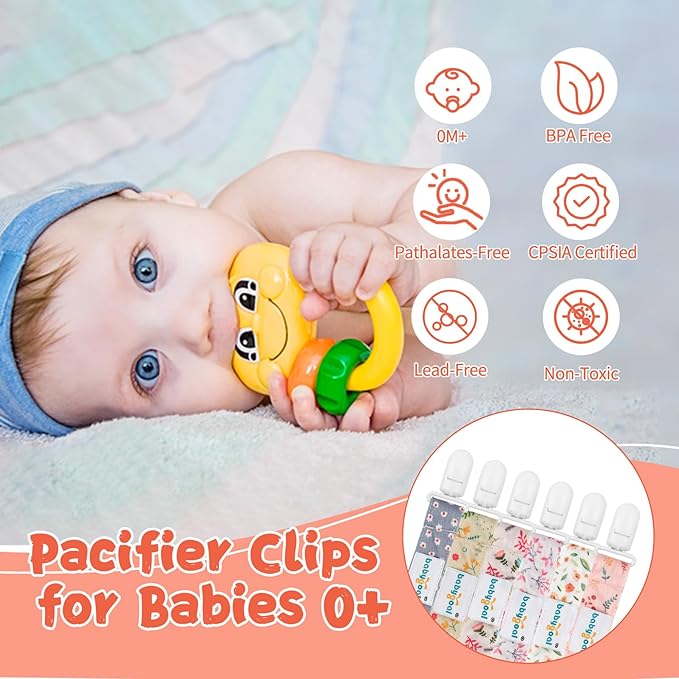 Babygoal Floral Pacifier Clips, 6 Pack Binky Paci Holder Clips and Leash for Boys and Girls Fits for Most Pacifier, Binkie Styles & Baby Teethers & Toys and Gift 6PS21