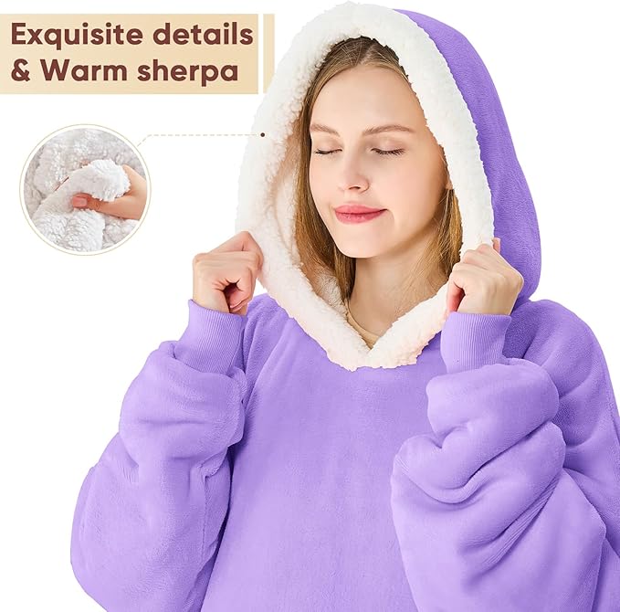 yescool Wearable Blanket Hoodie - birthday gifts for Adults/Women/mom, Flannel Cozy Sherpa Fleece Blanket Sweatshirt with Hood, Pocket & Sleeves, Large, One Size Fits All (Lavender)