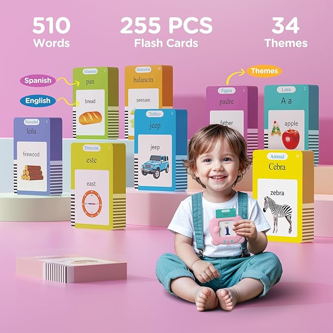 Spanish & English Talking Flash Cards for Toddlers, Pocket Speech Therapy Toys with 510 Words, Montessori Language Learning and Autism Toys, Children's Sensory Learning Device Gift (Pink)