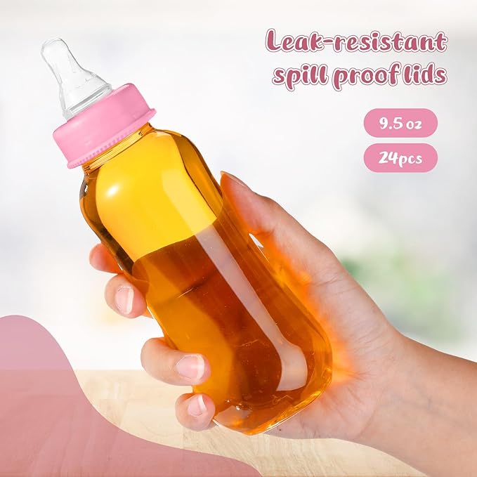 Norme Baby Shower Bottles 9.5 oz Plastic Chug Sign Game Party Favors Bulk for Decorations Gender Reveal Gifts (Pink, 24 Pcs)