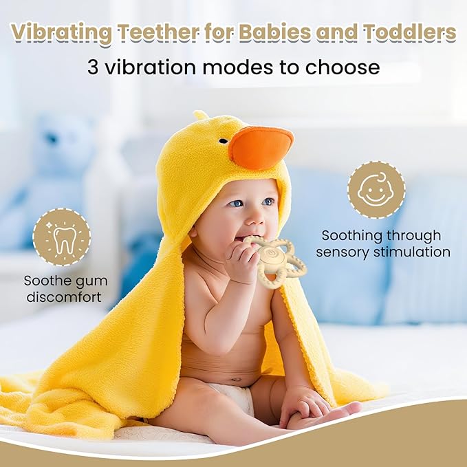 Vibrating Sensory Chew Toy for Autism & Teething Babies - USB Rechargeable with 3 Vibration Modes, Baby Teething Toys for Toddlers 6-18 Months, Calming Baby Sensory Toys(Beige)