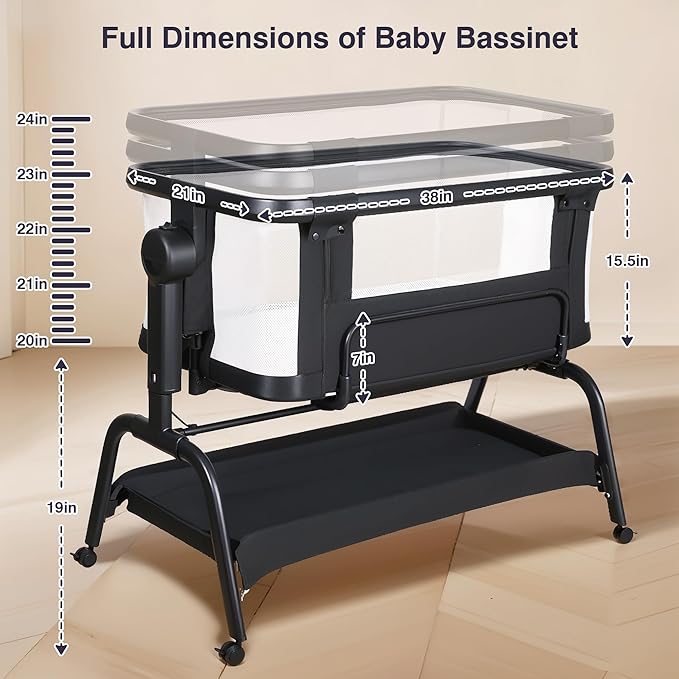 Bedside Cribs 3 in 1 Baby Bassinet Bedside Sleeper with Adjustable Height Easy Folding Portable Crib Comfy Mattress and Wheels - Black