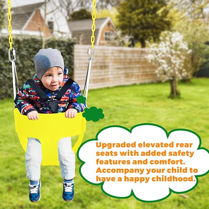 High Back Full Bucket Toddler Swing Seat with 3- Point Adjustable Safety Harness, 66 inch Detachable Chain,Suitable for Babies Aged 6-24 Months,Baby Swing for Swingset (Yellow)