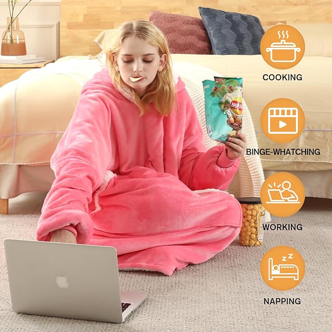yescool Wearable Blanket Hoodie - Gifts for Women Her Girlfriend, Birthday Christmas Gifts For Mom, Oversized Flannel Sherpa Blanket Sweatshirt, One Size Fits All (Pink)