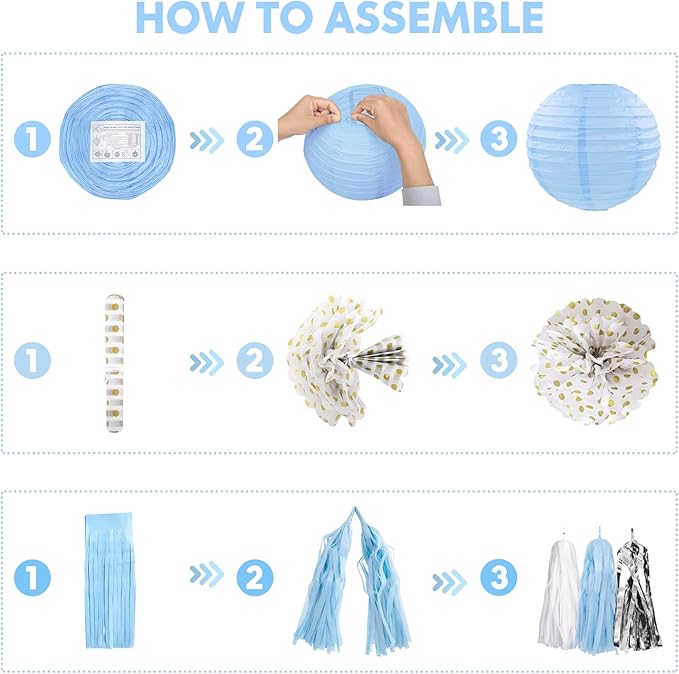 Amandir Blue Boy Baby Shower Decorations Welcome Baby Banner, Cake Topper, Paper Lantern, Light Blue Balloons, Pom Poms Flowers Tassels, Circle Dots Star Garland, Gender Reveal Birthday Party Supplies