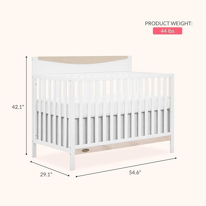 Dream On me Emerson 5-in-1 Convertible Full-Size Baby Crib in White & Vintage White Oak, GreenGuard Gold & JPMA, 3 Mattress Heights, Converts to Toddler, Day & Full-Size Bed