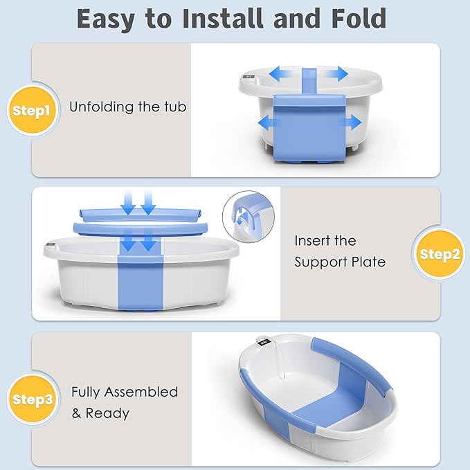 Collapsible Baby Bathtub for Newborn to Toddler 0-36 Months,Extra Large Foldable Infant Bath Tub with Thermometer,Cushion & Drain Hole,Portable Travel Tub, Baby Shower Gift Blue