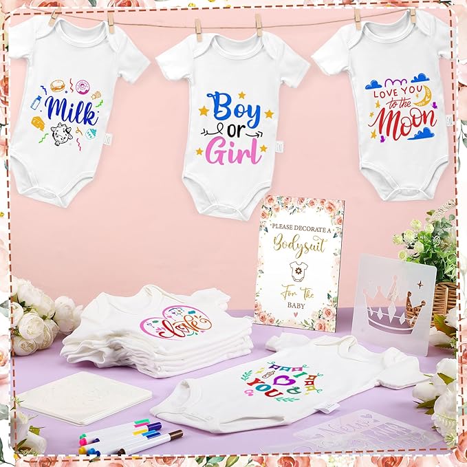 Panitay 126 Pcs Baby Shower DIY Bodysuit Set Rustic Kraft Baby Shower Game Sign DIY Bib 25 Blank White Newborn Bodysuit 25 Stencils 24 Marker 1 Sign 50 Pins for Gender Reveal(Floral)