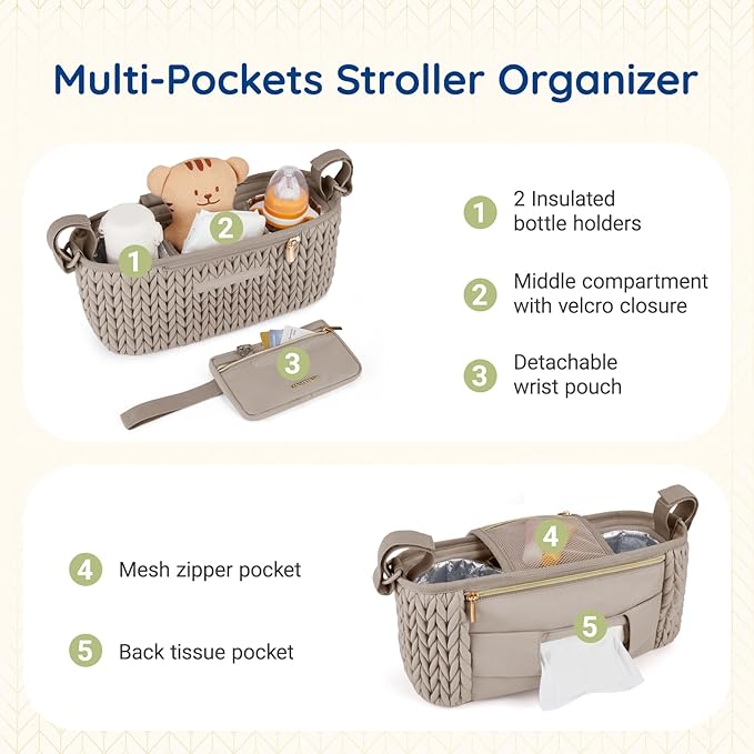 mommore Stroller Organizer with Insulated Cup Holders, Adjustable Stroller Caddy with Detachable Phone Bag, Stroller Accessories Fits for Uppababy, Doona, Jogger, Britax, Mompush, Bob