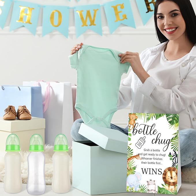 TrelaCo Cool Baby Shower Games Sets 12 Pcs Feeding Bottles with 1 Bottle Chug Sign for Gender Reveal Baby Shower Party Favors Decoration Games(Forest,Light Green)