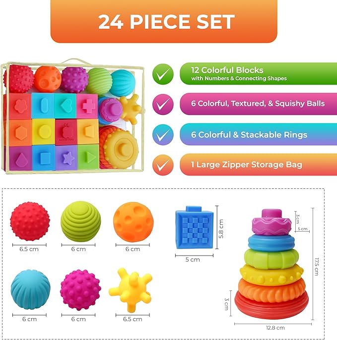Montessori Silicone Teething Toys for Babies 6 Months + Sensory Developmental Educational Baby Toys Infants & Toddlers - Building Blocks, Stacking Rings, Sensory Balls - (24 Pieces)