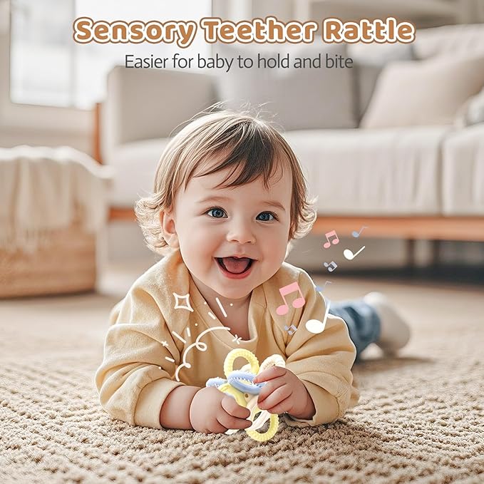 Baby Teething Toys 3 in 1 Silicone Teethers - BPA Free Food Grade Silicone Teething Ring Rattle Toys for Babies 3-6 Months 6-12 Months, Soft & Easy Hold, Baby Chew Toy for Toddlers (Yellow)