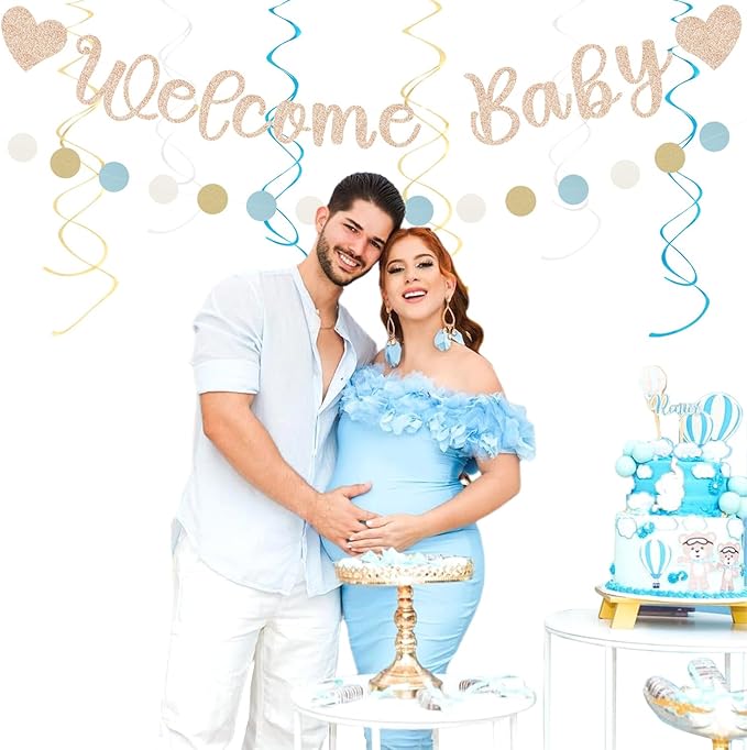 Light-Dusty Blue Boho Baby Shower Party-Decorations - 21pcs Beige Champagne Boy Neutral Welcome Baby Banner Decor,Paper Lanterns Pom Poms Fan Supplies,Streamers Garland Wall Backdrop Favors Huglony