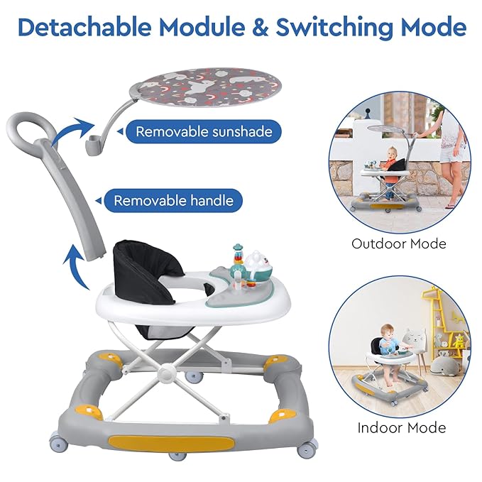 4 in 1 Baby Walker with Wheels, Adjustable Height, Music, Lights, Rocker Mode, Activity Walker and Bouncer Combo for Boys & Girls 6-24 Months
