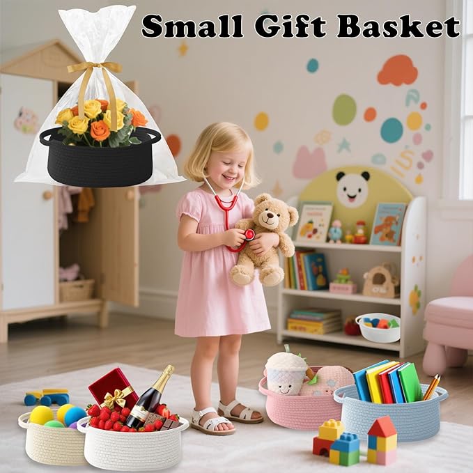 Gift Basket with Gift Bag and Ribbons,Small Rope Woven Shelf Storage,Baskets for Gifts Empty,Birthday,Shower,Decorative Organizer Box for Cat Dog Pet with Handles(Black)