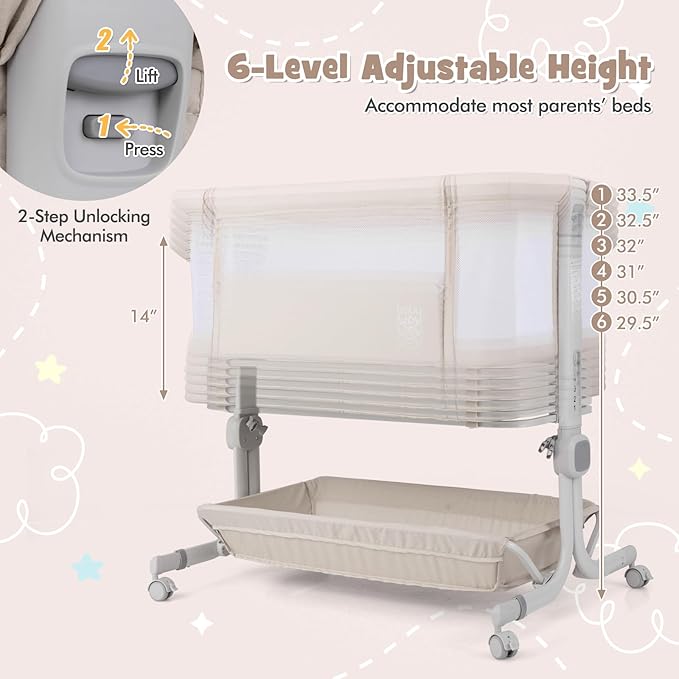 BABY JOY Bassinet, Bedside Crib w/ 6-Level Adjustable Height, Storage Shelf, Wheels, Mattress & Carry Bag for Safe Co-Sleeping, Folding Bassinet Bedside Sleeper for Newborn Infants (Beige)