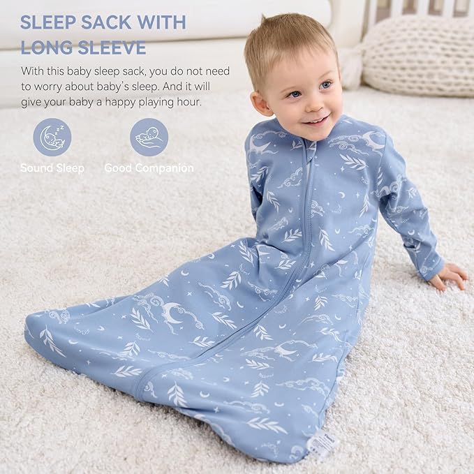 Baby Sleep Sack 18-24 Months, Long Sleeve Baby Wearable Blanket 0.5 Tog with Mittens, 2-Way Zipper Toddler Cotton Sleeping Sack for Boy and Girl Blue Stars 2 Pack(XLarge)
