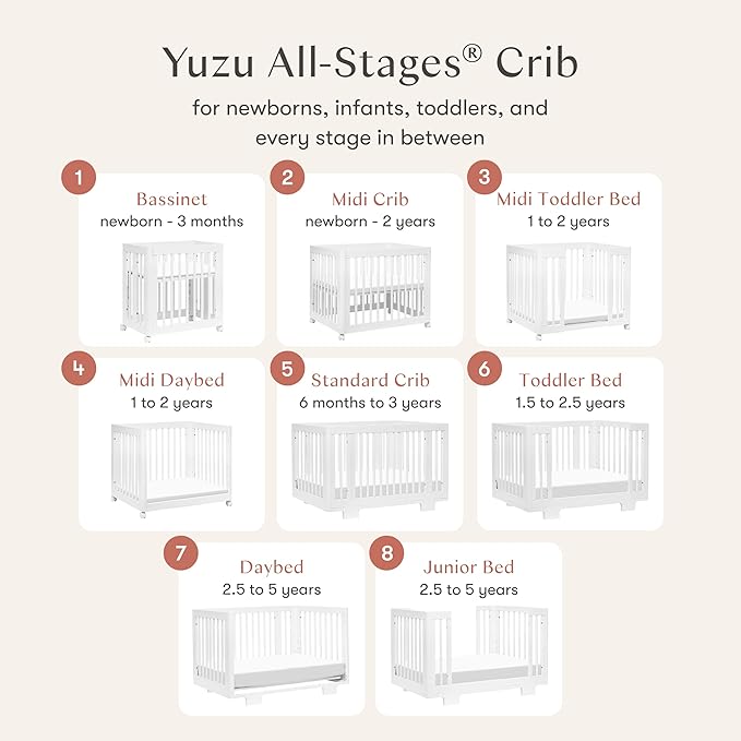 Babyletto Yuzu 8-in-1 Convertible All-Stages® Crib - Conversion Kits for Bassinet, Midi Baby Crib to Toddler Bed, Daybed, Full-Size Crib & Baby Bed - Portable & Adjustable - GREENGUARD Gold Certified