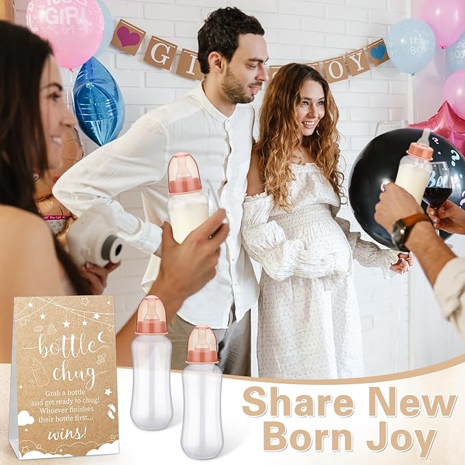 TrelaCo Cool Baby Shower Games Sets 12 Pcs Feeding Bottles with 1 Bottle Chug Sign for Gender Reveal Baby Shower Party Favors Decoration Games(Elegant,Kraft)