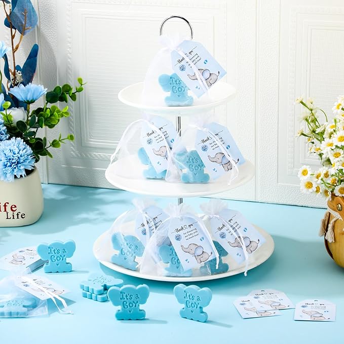 50 Sets Baby Shower Soap Favors for Guests Boy Girl Mini Handmade Scented Soaps with Thank You Tags and Organza Bags for Shower Gender Reveal Party Favors(It's A Boy,Blue Elephant)