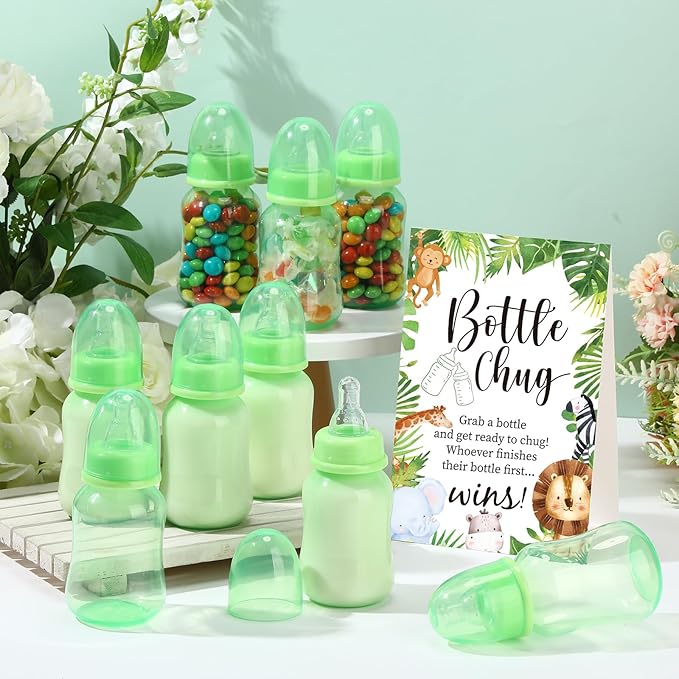 TrelaCo Bottle Chug Baby Shower Game 20 Pcs Baby Bottles Shower Favor with 1 Forest Animal Theme Sign for Gender Reveal Party Supplies Gifts(Green)