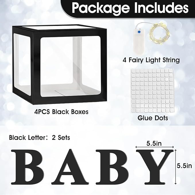 Ledido Baby Boxes with Letters for Baby Shower Decorations, 4 pcs Clear Baby Balloon Boxes Blocks Decor with LED Fairy String Lights for Boy Girl Gender Reveal Decorations Backdrop Party (Black)