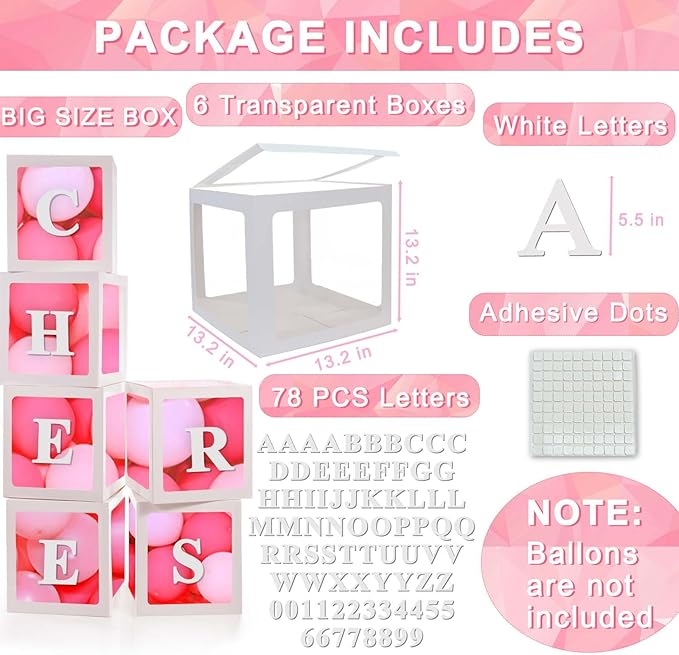 Ledido White Transparent Balloon Boxes With 78 Letters, 13.2" Big Name Boxes for Baby Shower Clear Baby Boxes for Gender Reveal, Birthday Wedding, Graduation Prom Party Decorations -6 PCS