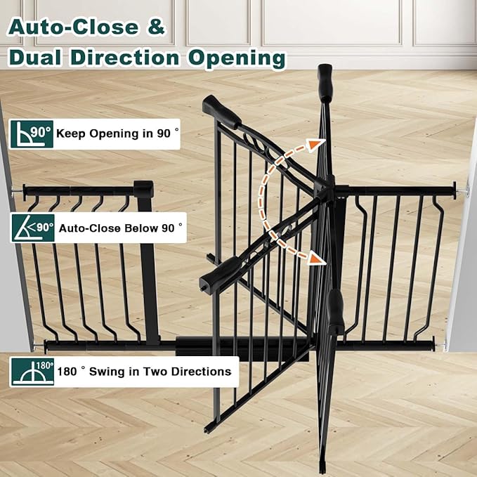 Fairy Baby 29.5"-53.1" Extra Wide Baby Gate for Doorways, Stairs Gate for Kids Toddler, Pressure Mounted Safety Child Gate Pet Barrier Fence Indoor, Walk Thru Auto Close Metal Dog Garden Gate, Black
