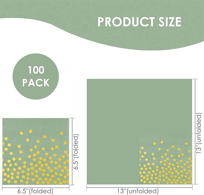 13 x 13 In Sage Green Cocktail Napkins,100 Pack Sage Green Napkins Disposable with Gold for Baby Shower Birthday Wedding Party Supplies