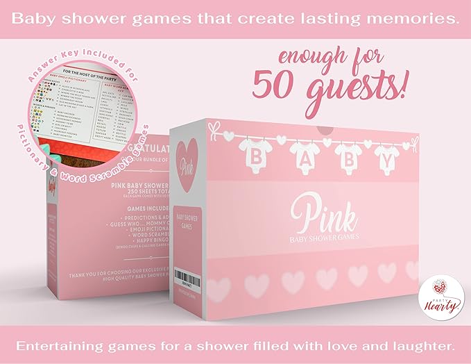 Party Hearty Baby Shower Games for Girl, 250 pcs Pink 5 Games Activities Cards, Funny Baby Shower Games, Baby Shower Ideas