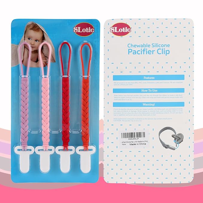 4-Pack Silicone Pacifier Clips with a Woven Rope Shape for Baby Boys and Girls - Flexible and Rust-Free Holders for Teething Relief and Baby Essentials, Safe for Newborns (Pink)