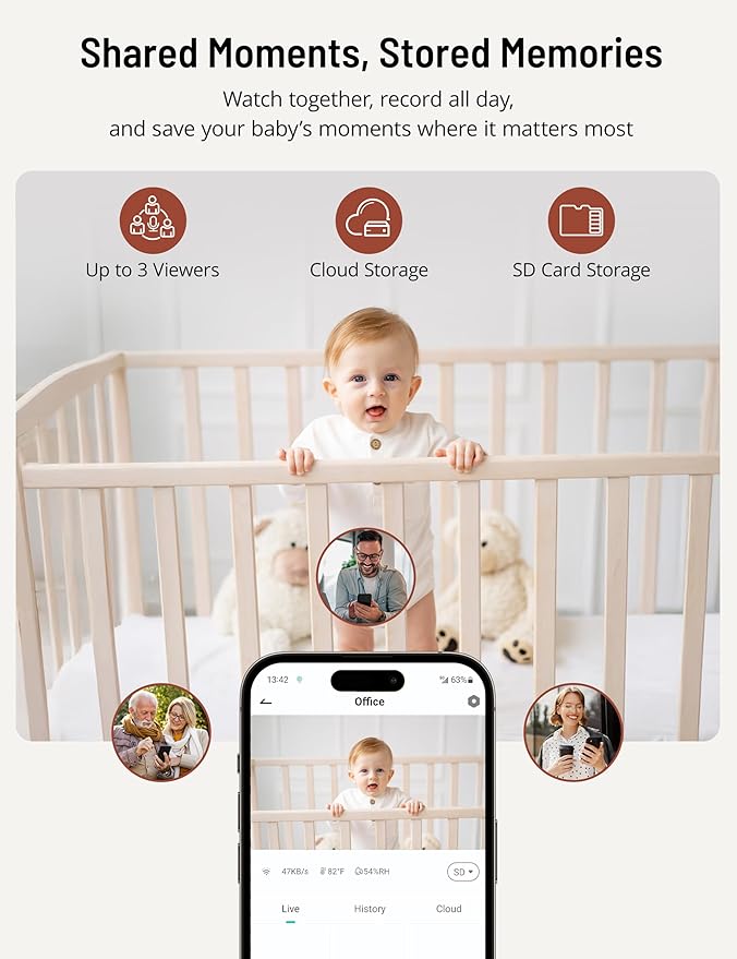 PARIS RHÔNE Split-Screen Baby Monitor, 5” Smart Video Baby Monitor with App Control, Two 2K UHD WiFi Cameras, Night Vision, Motion & Cry Detection, AI Tracking, RGB Night Light, Lullabies