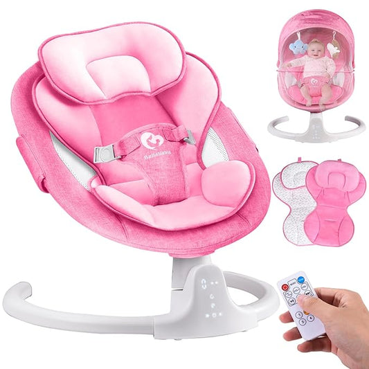 Bluetooth Baby Swing for Infants, Compact & Portable Baby Swing for Girl, 3 Seat Positions, 5 Swing Speed, 10 Music, Remote Control, USB Plug-in Power, Reversible Cushion for All Seasons