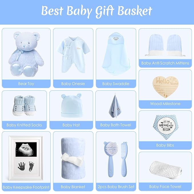 Baby Boy Gifts, Baby Shower Gifts - Newborn Bear Toys Rattle Blanket Infant Shoes Onesie Wooden Keepsake Babies Registry Gift Essentials Basket, Unique New Baby Gift Set for Boys 0+ Months