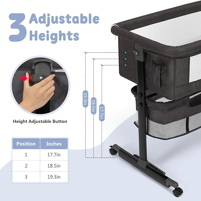 Baby Bassinet, 3 in 1 Bedside Bassinets for Baby, Bassinet Bedside Sleeper with Wheels, Adjustable Height with Rocking Mode, Breathable Mesh, Storage Basket, Easy Assemble & Folding (Dark Gray)