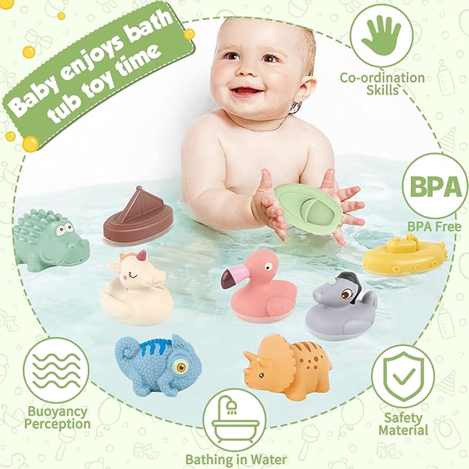 Bath Toys for Babies, 9 Pack Mold Free & No Hole Bath Toys with Rubber Floating Boats & Animals, Toddlers Bathtub Water Play Toys for Baby Gifts