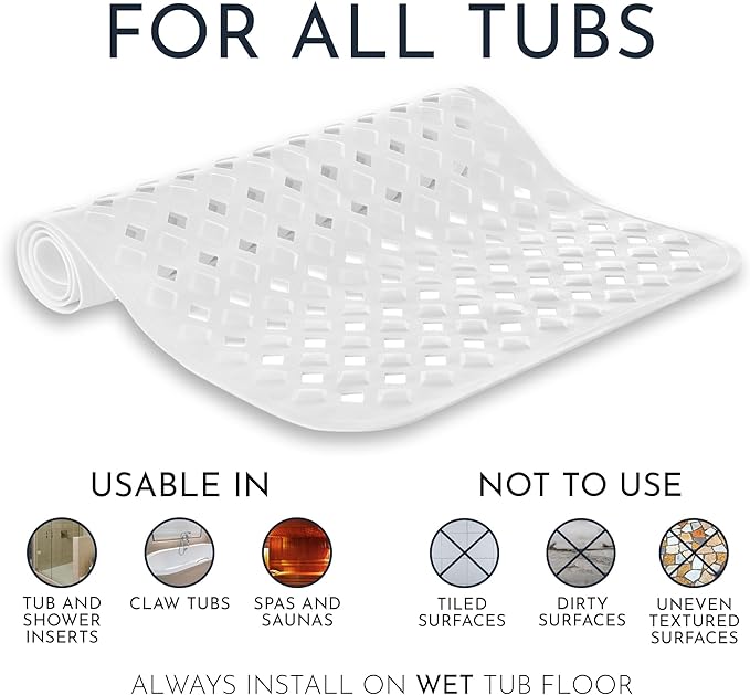 homerella® Bath Mat for Tub Non Slip Mold Resistant 35x16 - Shower Mat Non Slip Anti Mold - Bath Tub Mat Suction Cups incl. Hooks for Drying - Bathtub Mat Non Slip - ANI Slip Shower Mat Inside Tub
