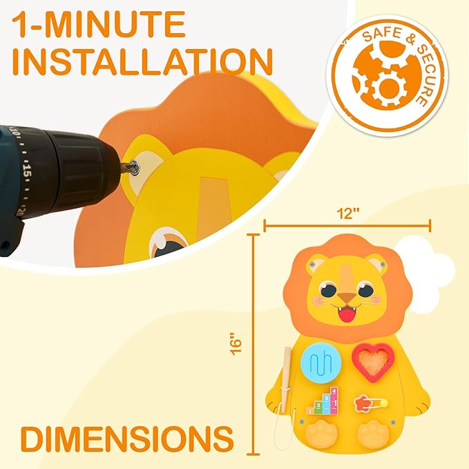 Monläurd® Wooden Lion Sensory Wall Toy, Busy Board for Toddlers, Montessori Sensory Wall Panel for Kids, Ideal for Classroom, Playroom & Daycare, Wall Activity Board